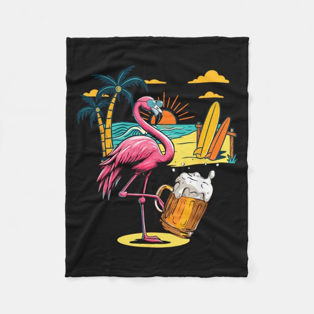 Flamingo Sunglasses Drinking Beer On Beach Funny Fleece Blanket (Front)