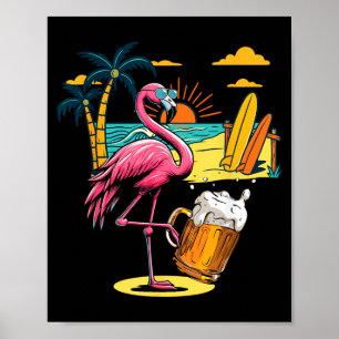 Flamingo Sunglasses Drinking Beer On Beach Funny Poster