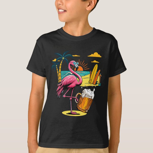Flamingo Sunglasses Drinking Beer On Beach Funny T-Shirt (Front)