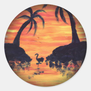 Flamingo Sunset art by EelKat Classic Round Sticker