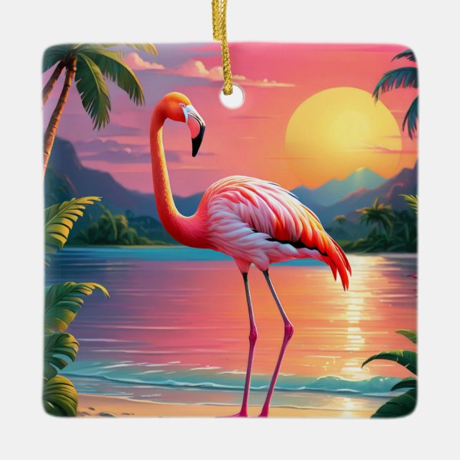 Flamingo Sunset Tropical Beach  Ceramic Ornament (Front)