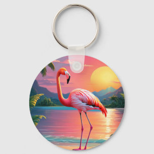 Flamingo Sunset Tropical Beach Key Ring