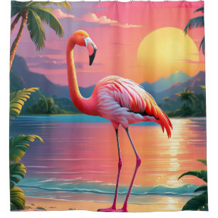 Flamingo Sunset Tropical Beach Shower Curtain
