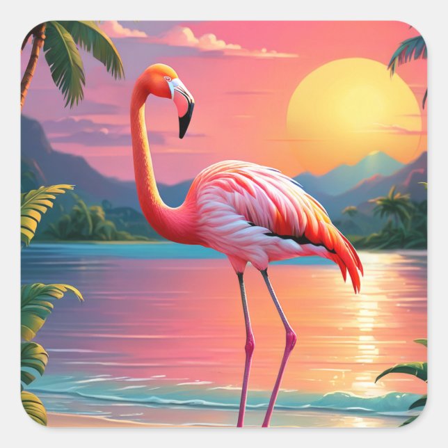 Flamingo Sunset Tropical Beach  Square Sticker (Front)