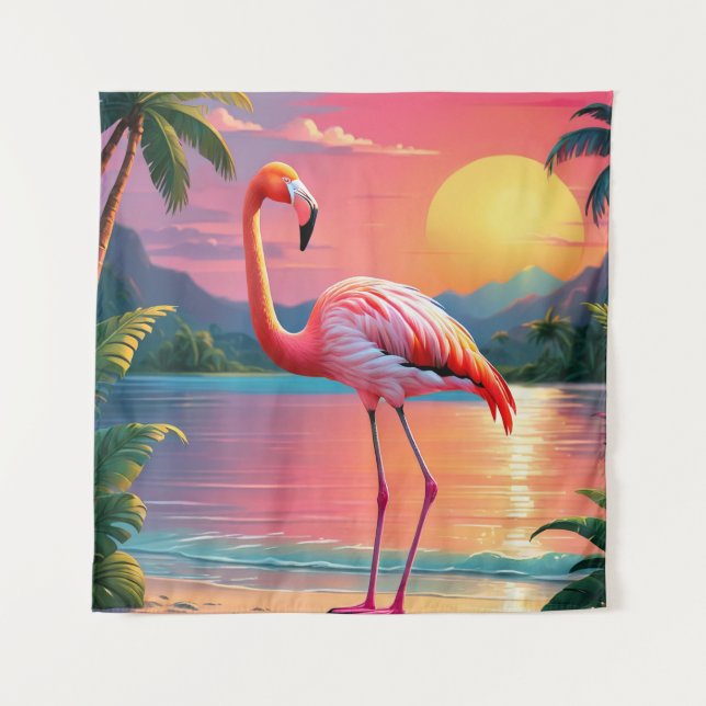 Flamingo Sunset Tropical Beach  Tapestry (Front)