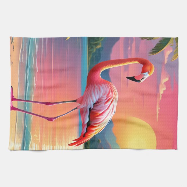 Flamingo Sunset Tropical Beach  Tea Towel (Horizontal)