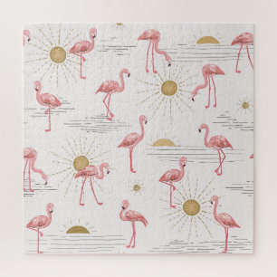 Flamingo sunset: vintage doodle pattern. jigsaw puzzle
