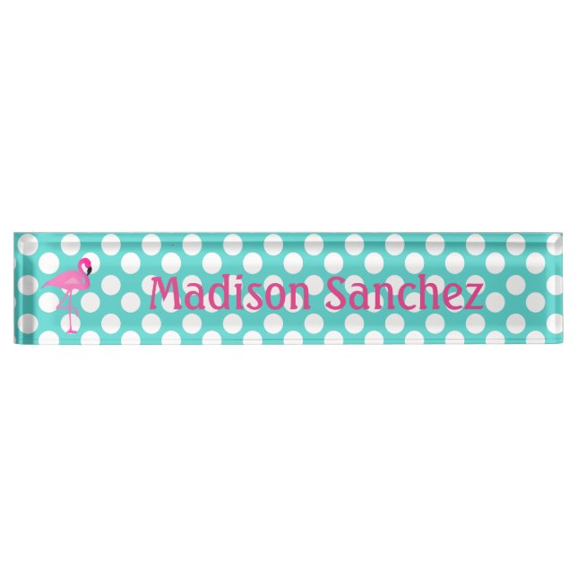 Flamingo Teal and White Polka Dot Name Plate (Front)