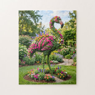 Flamingo Topiary in Tropical Flower Garden Jigsaw Puzzle