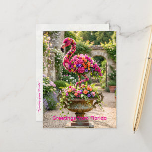 Flamingo Topiary Planter Urn and Tropical Flowers Postcard