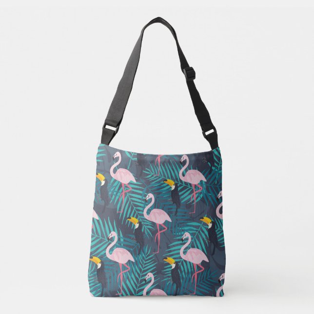 Flamingo, toucan: tropical leaf pattern crossbody bag (Front)