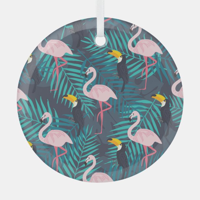 Flamingo, toucan: tropical leaf pattern glass tree decoration (Front)