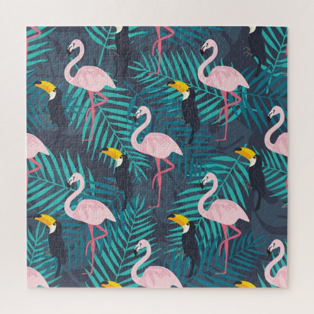 Flamingo, toucan: tropical leaf pattern jigsaw puzzle (Vertical)