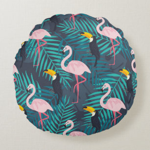 Flamingo, toucan: tropical leaf pattern round cushion