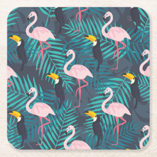 Flamingo, toucan: tropical leaf pattern square paper coaster