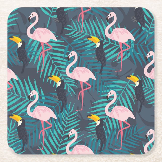 Flamingo, toucan: tropical leaf pattern square paper coaster (Front)
