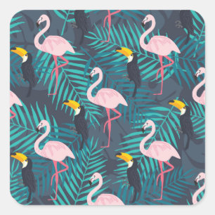 Flamingo, toucan: tropical leaf pattern square sticker