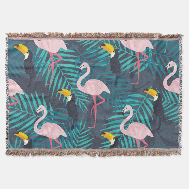 Flamingo, toucan: tropical leaf pattern throw blanket (Front)