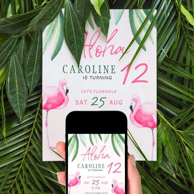 Flamingo tropical Aloha kids birthday party Invitation (Creator Uploaded)