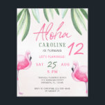 Flamingo tropical Aloha kids budget birthday party Flyer<br><div class="desc">Cute pink flamingo and green tropical leaves kids birthday party budget affordable invitation FLYER with Aloha handwritten script. Suitable for girls tropical Hawaiian luau themed, summer beach, pool, or by the sea birthday parties. PLEASE READ THIS BEFORE PURCHASING! This is a budget affordable card printed on a FLYER. Please note...</div>