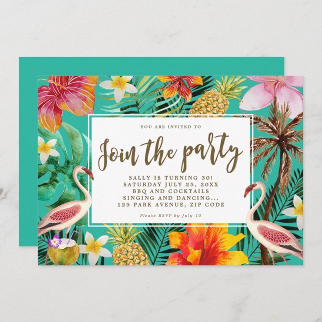 flamingo tropical Birthday party BBQ invitation (Front/Back)
