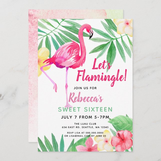 Flamingo tropical Birthday party Invitations (Front/Back)
