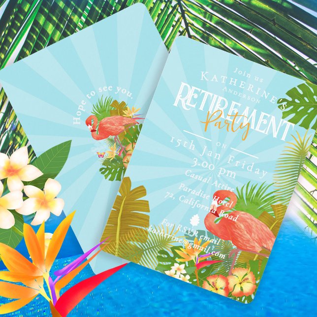 Flamingo Tropical Blue Retirement  Invitation (Flamingo Tropical Retirement Party Invitation Card.)