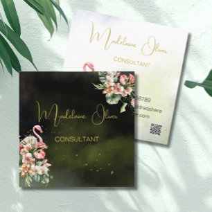 Flamingo Tropical Botanical Black Florist QR   Square Business Card