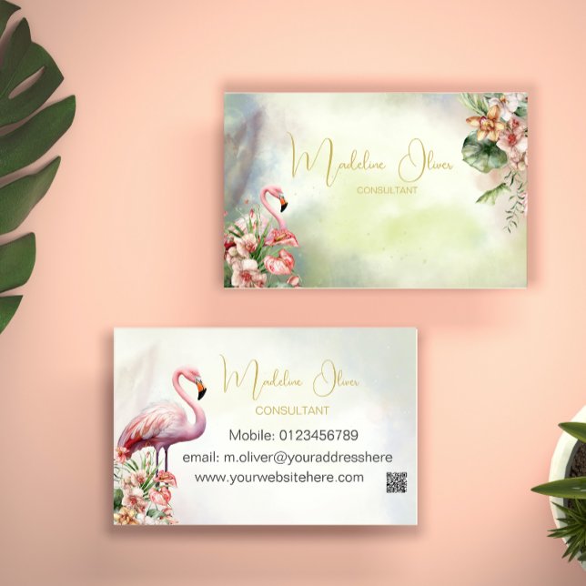 Flamingo Tropical Botanical Modern QR  Business Card (Creator Uploaded)