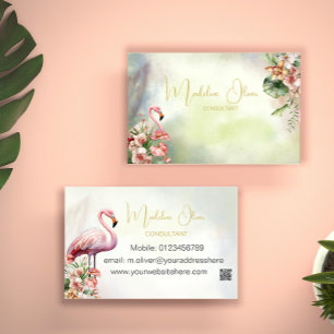 Flamingo Tropical Botanical Modern QR  Business Card