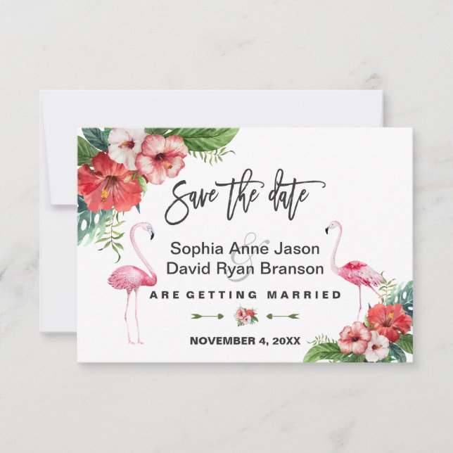 Flamingo Tropical Floral Handwriting Save The Date (Front)