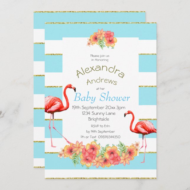 Flamingo Tropical Flowers Blue Stripe Baby Shower Invitation (Front/Back)
