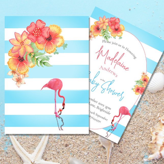 Flamingo Tropical Flowers Blue Stripe  Baby Shower Invitation (Creator Uploaded)