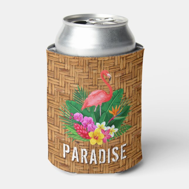 Flamingo Tropical Flowers on Wicker Print Can Cooler (Can Front)