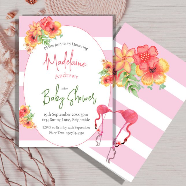 Flamingo Tropical Flowers Pink Stripe  Baby Shower Invitation (Creator Uploaded)