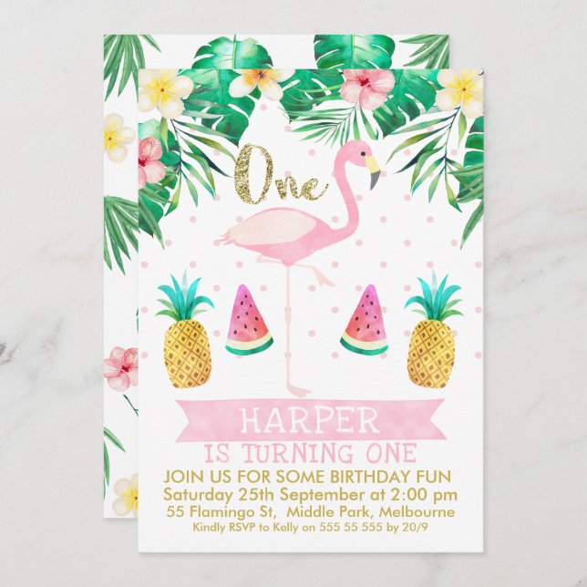 Flamingo Tropical Fruit First Birthday Invitation (Front/Back)