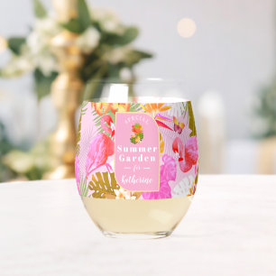 Flamingo Tropical Garden Pink Stemless Wine Glass