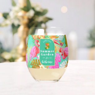 Flamingo Tropical Garden Teal Stemless Wine Glass