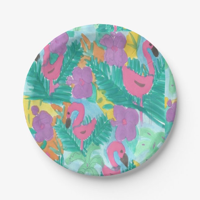 Flamingo Tropical Jungle Print Paper Plate (Front)