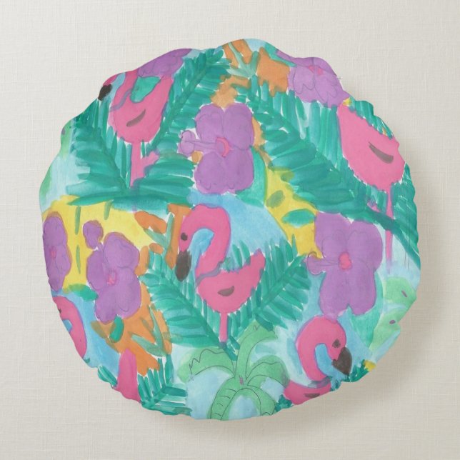 Flamingo Tropical Jungle Print Round Cushion (Back)