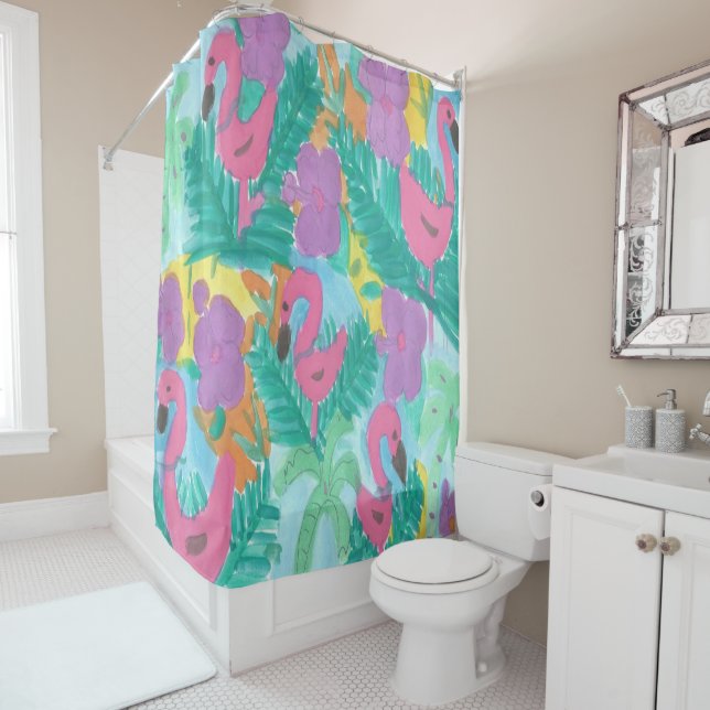 Flamingo Tropical Jungle Shower Curtain (In Situ)