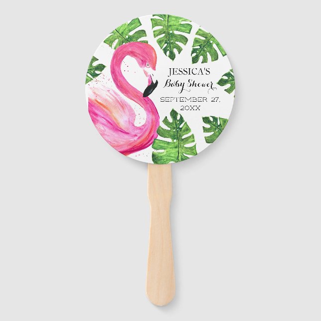 Flamingo Tropical Leaves Baby Shower Party  Hand Fan (Front)