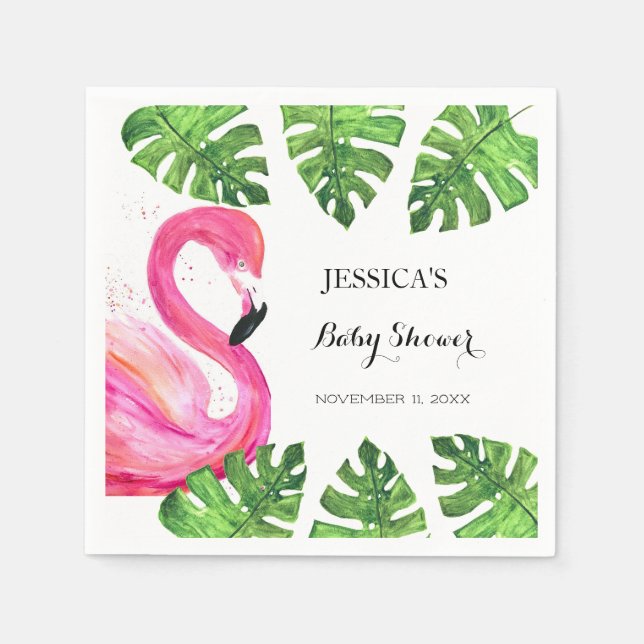 Flamingo Tropical Leaves Baby Shower Party Napkin (Front)