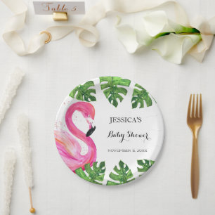 Flamingo Tropical Leaves Baby Shower Party Paper Plate