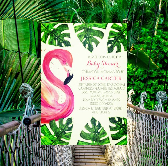 Flamingo Tropical Leaves Baby Shower Pink Girl Invitation (Creator Uploaded)