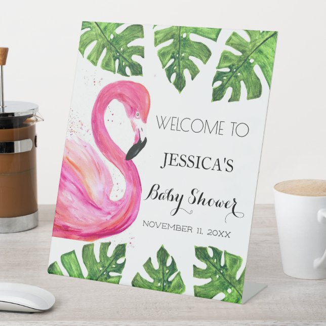 Flamingo Tropical Leaves Baby Shower Welcome Sign (In SItu)