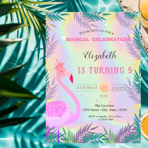 Flamingo,Tropical Leaves Holographic Birthday Invitation