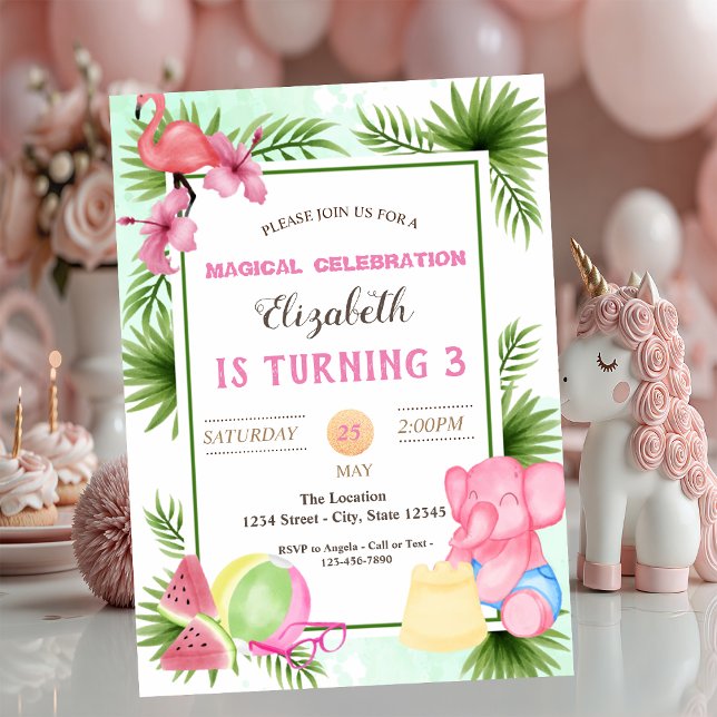 Flamingo,Tropical Leaves, Summer Birthday Invitation (Creator Uploaded)