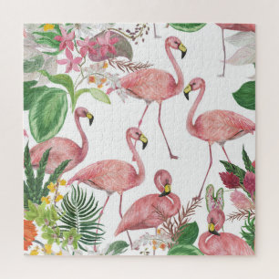 Flamingo Tropical Leaves Watercolor Pattern Jigsaw Puzzle
