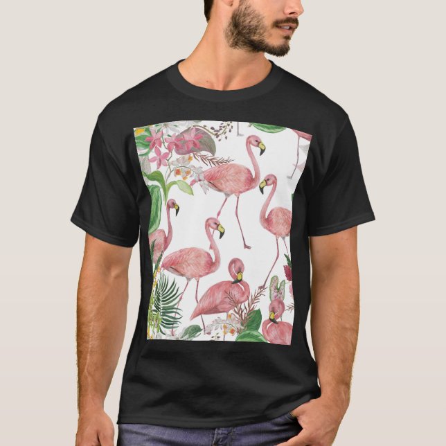 Flamingo Tropical Leaves Watercolor Pattern T-Shirt (Front)